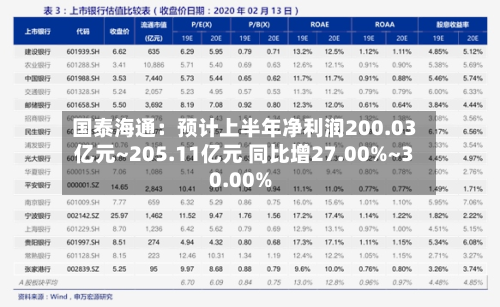 国泰海通:预计上半年净利润200.03亿元~205.11亿元 同比增27.00%~30.00%