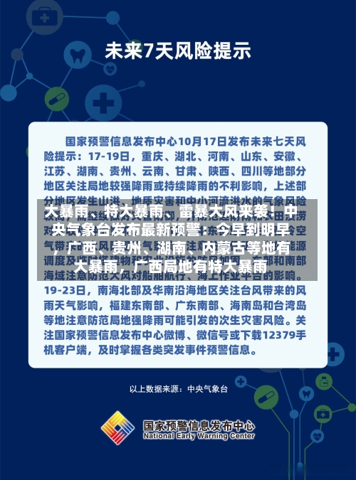 大暴雨、特大暴雨、雷暴大风来袭！中央气象台发布最新预警：今早到明早，广西、贵州、湖南、内蒙古等地有大暴雨，广西局地有特大暴雨